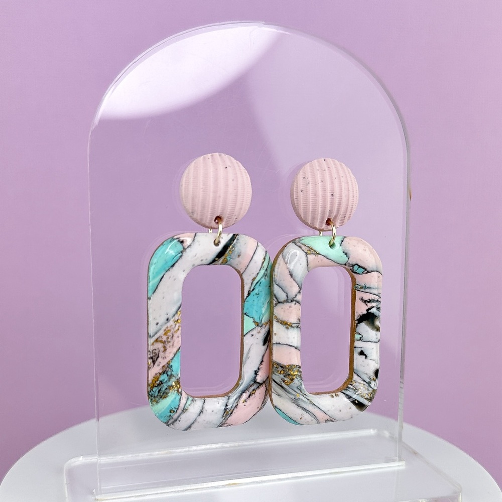 Marbled Design Handmade Polymer Clay Dangle Rectangle Hoop Earrings